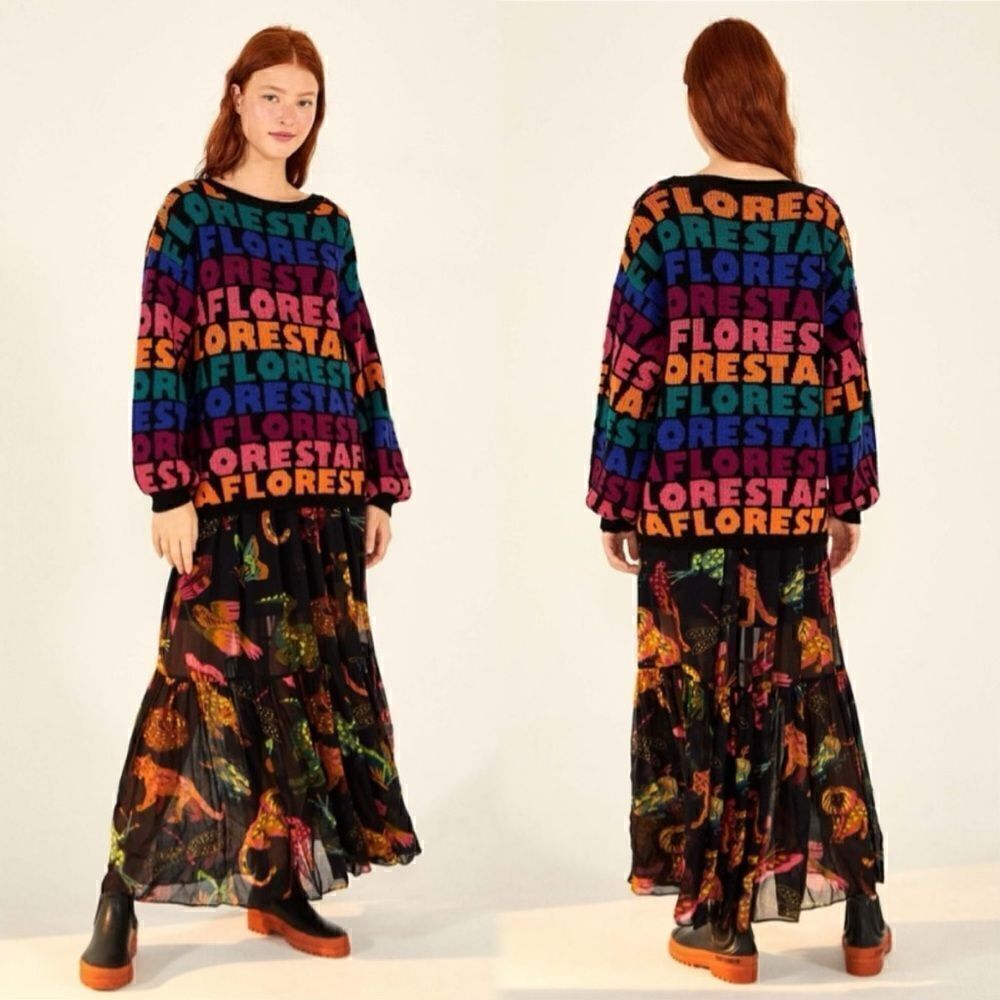 Farm Rio Rainbow Floresta Tricot Multicolor Dress Sweater Crew Scoop Size XS